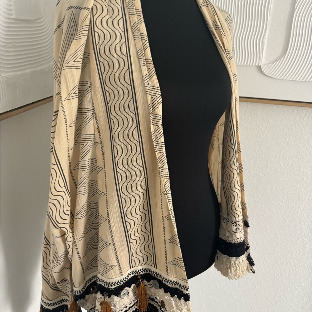 Zara Beige and Black Patterned jacket with tassels and coins